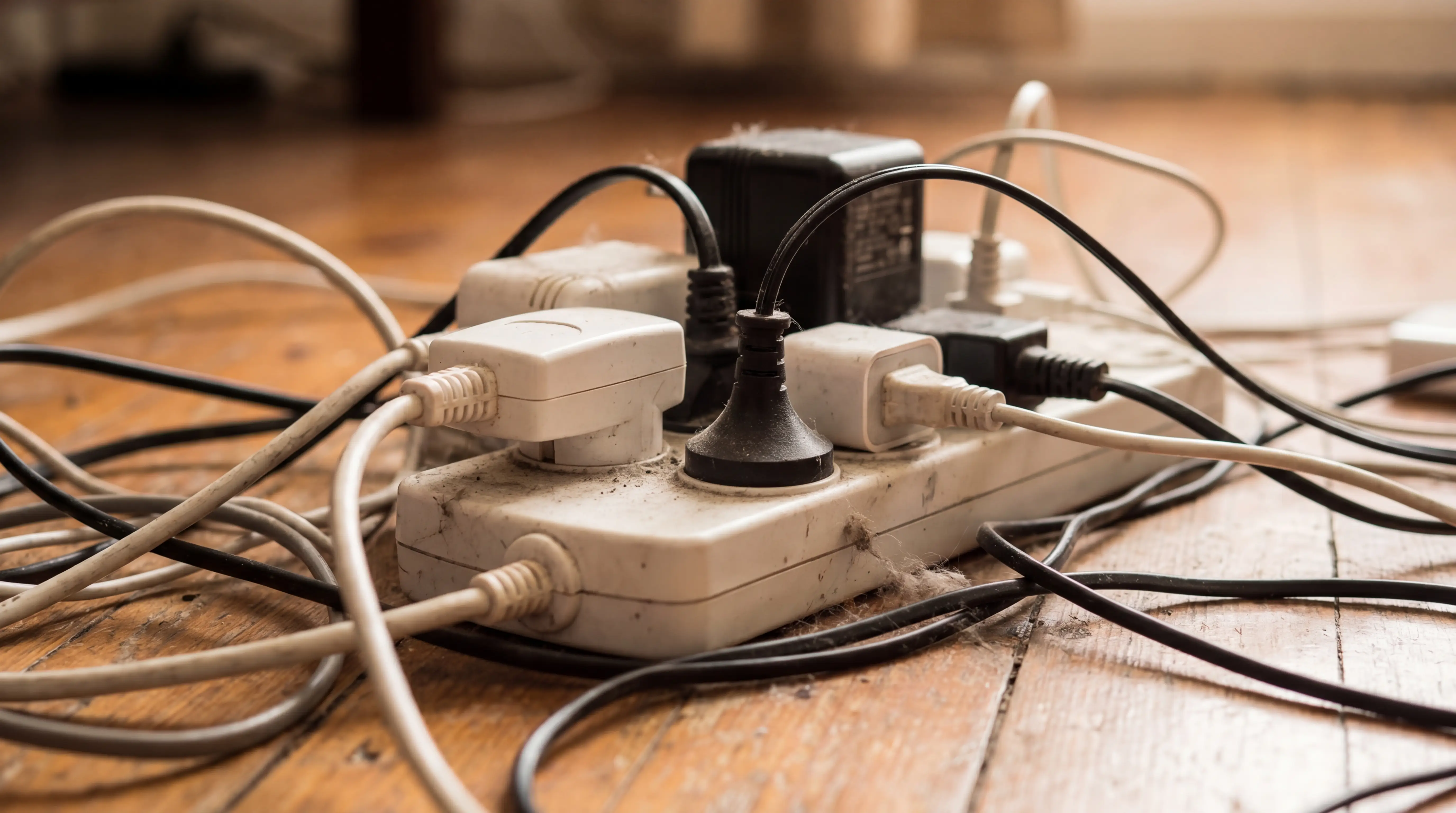 Electrical fire-risk scene illustrating the most common causes of house fires