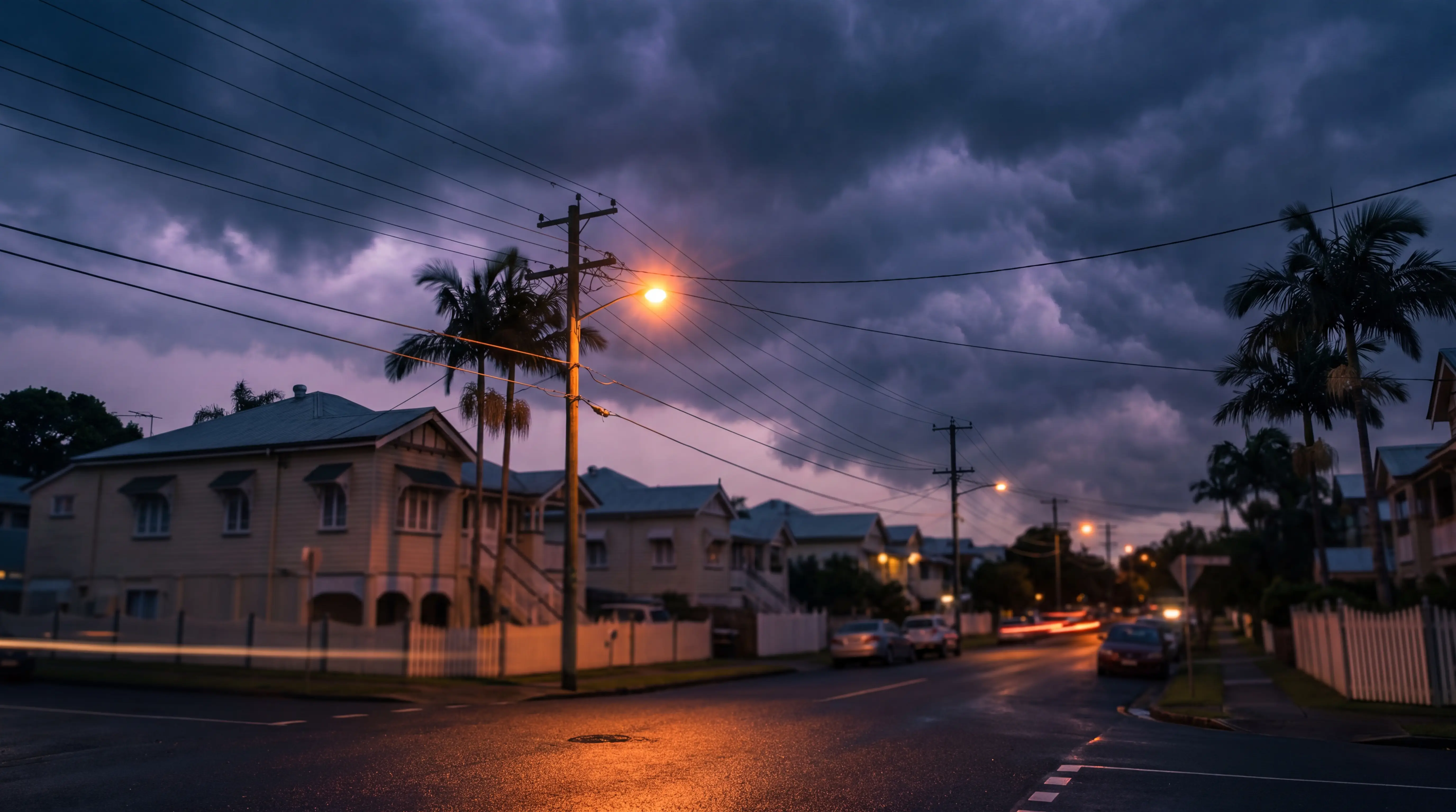 Dark storm clouds rolling over a Brisbane residential street at dusk